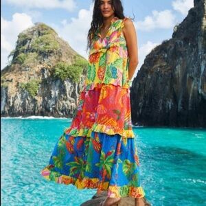 🌴Farm Rio Mixed Prints Tiered Tropical Maxi Dress